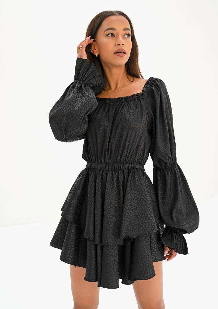 Sonya - Black leopard spotted frilled mini dress