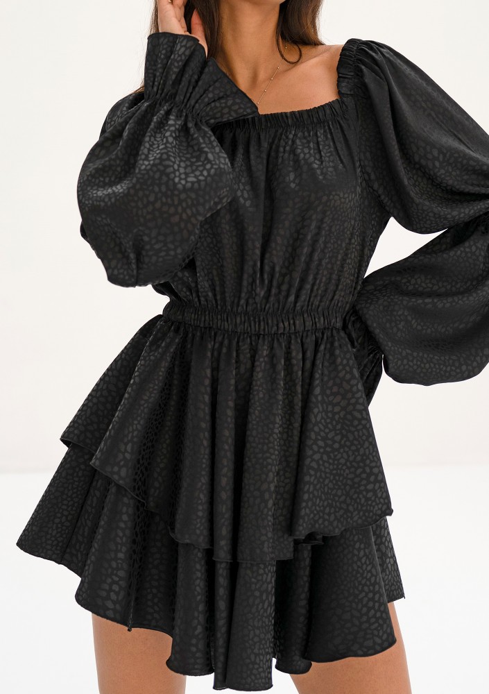 Sonya - Black leopard spotted frilled mini dress