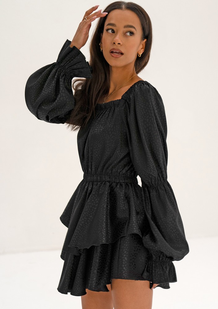 Sonya - Black leopard spotted frilled mini dress