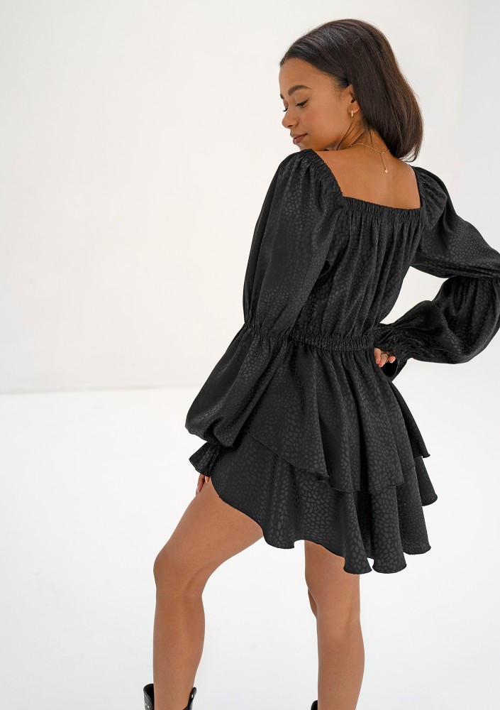 Sonya - Black leopard spotted frilled mini dress