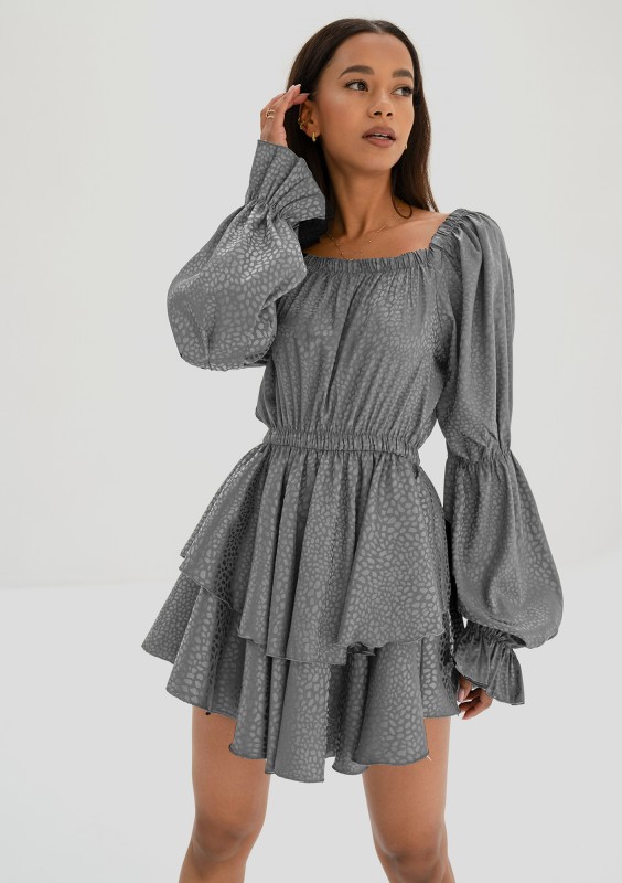 Sonya - Grey leopard spotted frilled mini dress