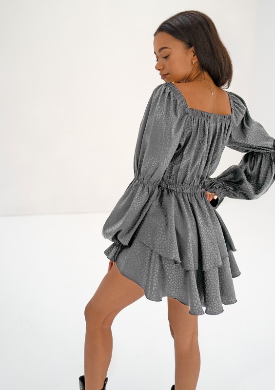 Sonya - Grey leopard spotted frilled mini dress