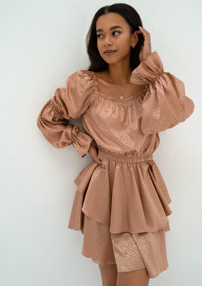 Sonya - Beige leopard spotted frilled satin mini dress