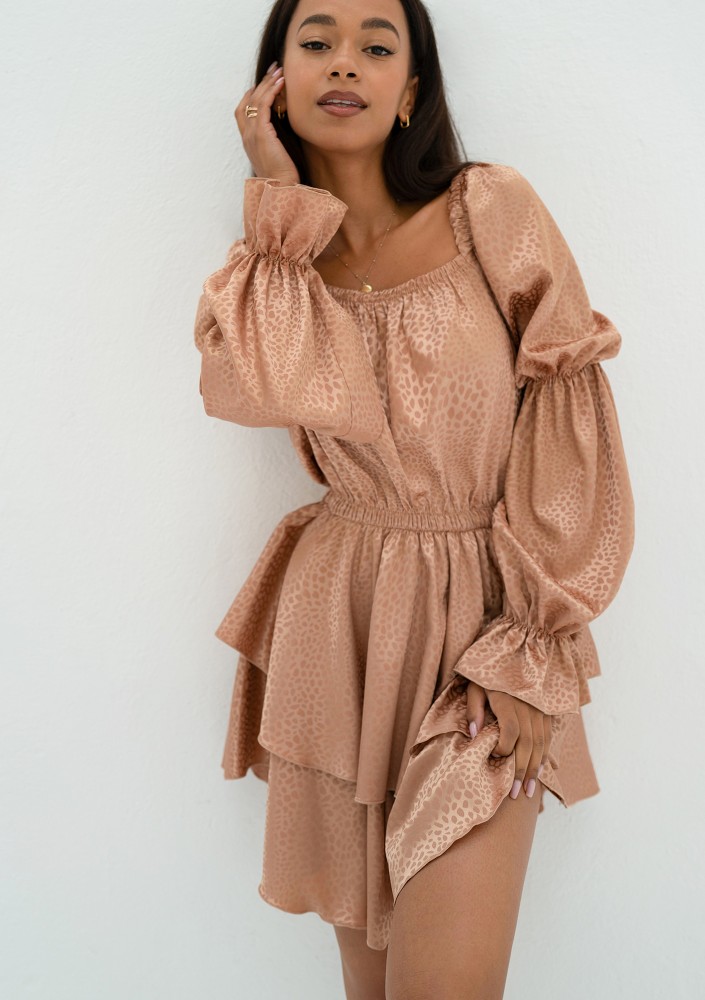 Sonya - Beige leopard spotted frilled satin mini dress