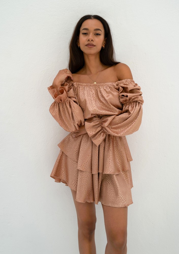 Sonya - Beige leopard spotted frilled satin mini dress