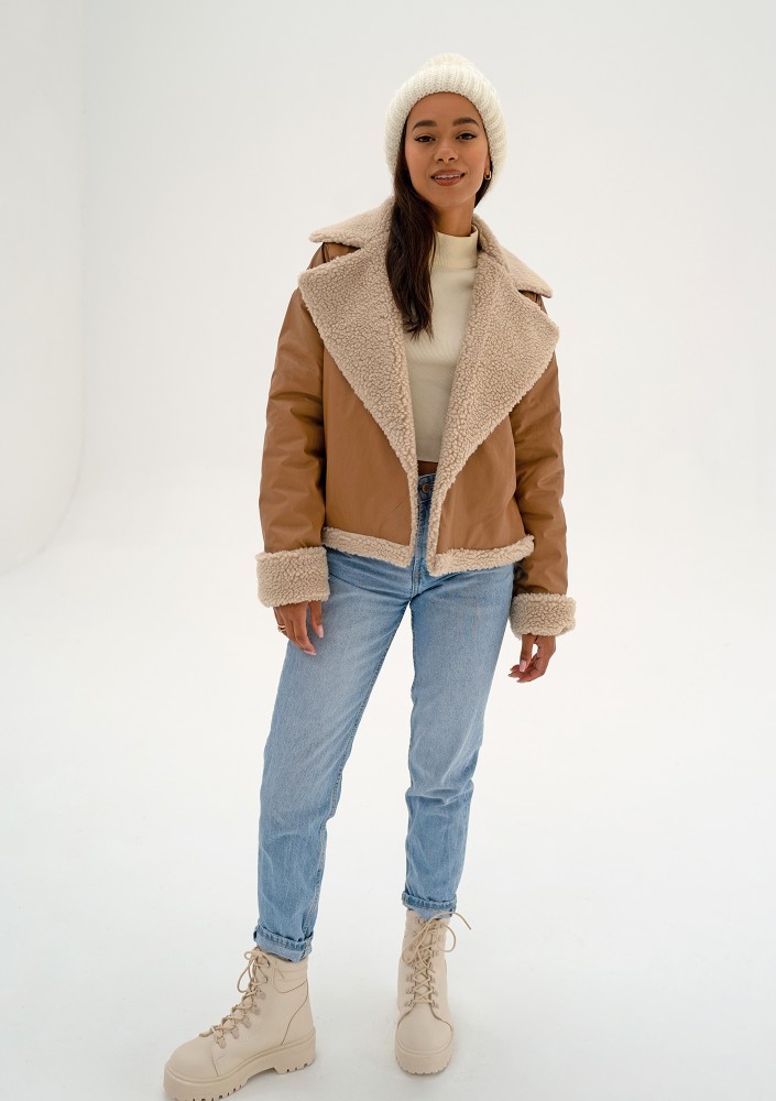 Bocca - Toffee beige collared faux leather jacket