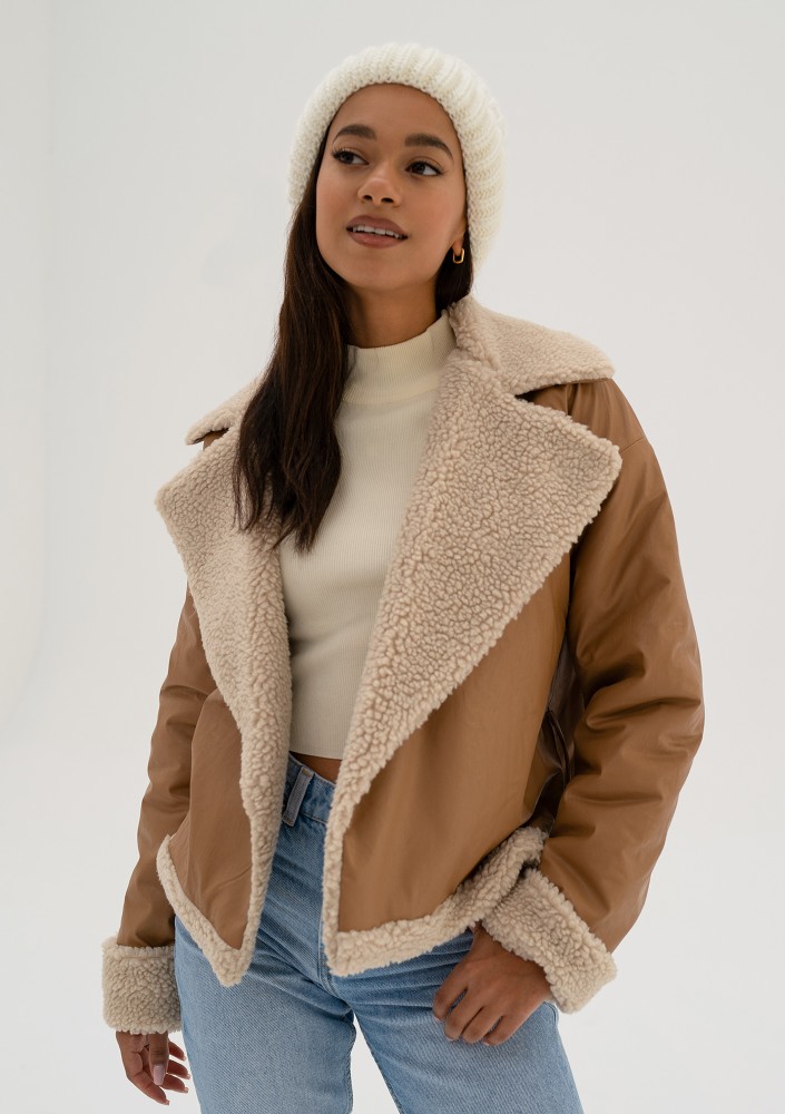 Bocca - Toffee beige collared faux leather jacket