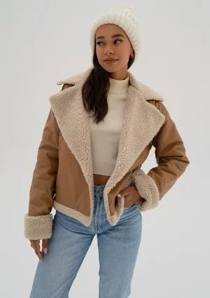Bocca - Toffee beige collared faux leather jacket