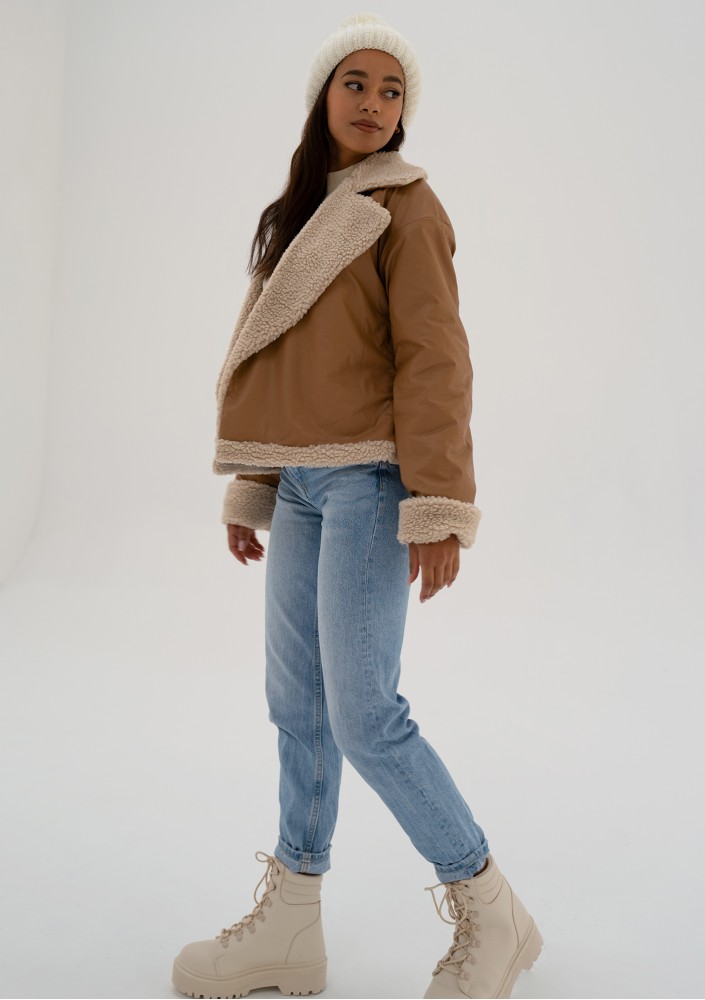 Bocca - Toffee beige collared faux leather jacket