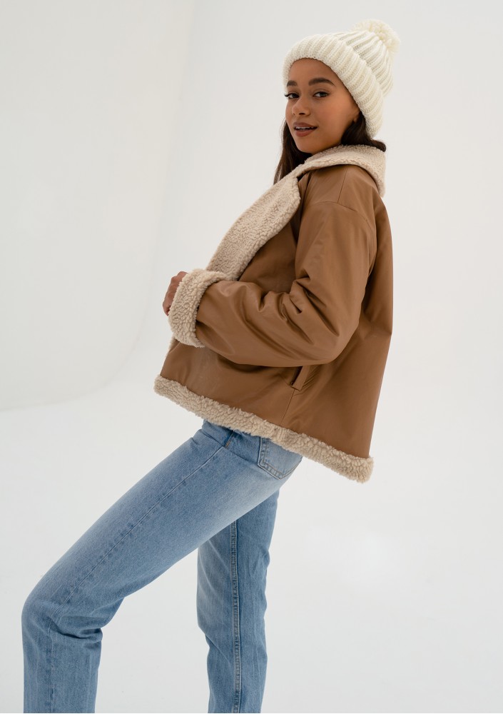 Bocca - Toffee beige collared faux leather jacket