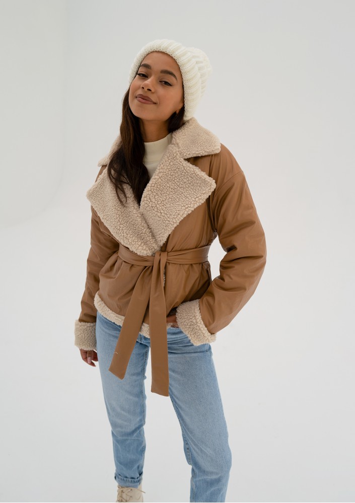 Bocca - Toffee beige collared faux leather jacket