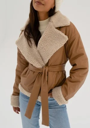 Bocca - Toffee beige collared faux leather jacket