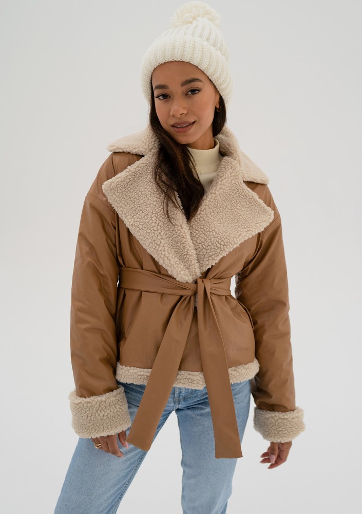 Bocca - Toffee beige collared faux leather jacket