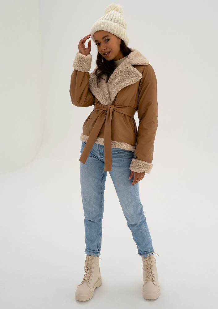 Bocca - Toffee beige collared faux leather jacket