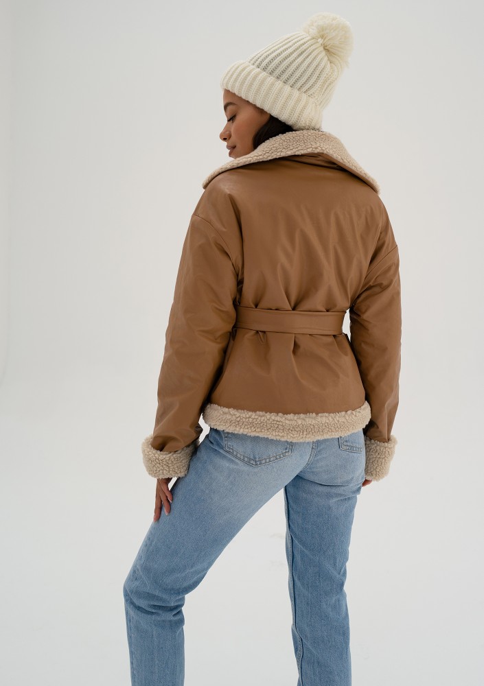 Bocca - Toffee beige collared faux leather jacket