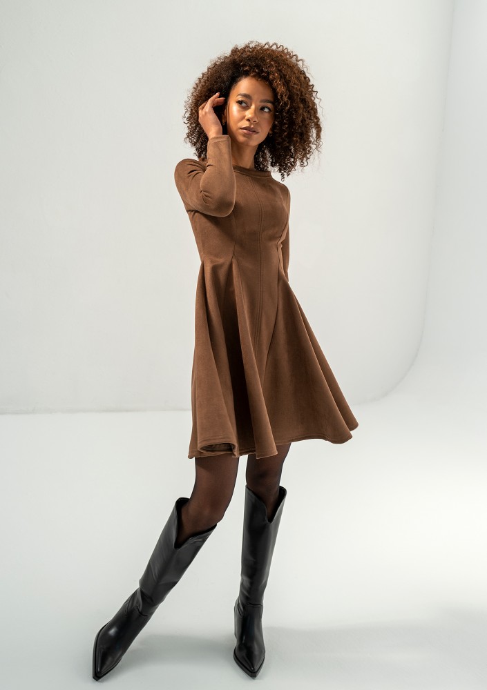 Kelle - Brown faux suede flared dress