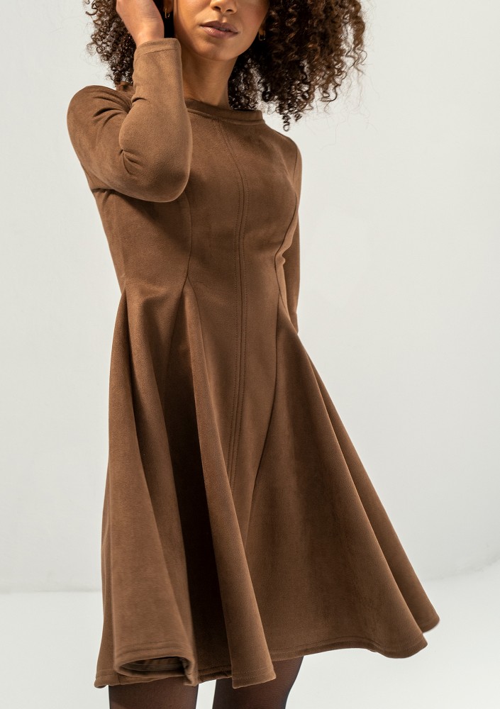 Kelle - Brown faux suede flared dress