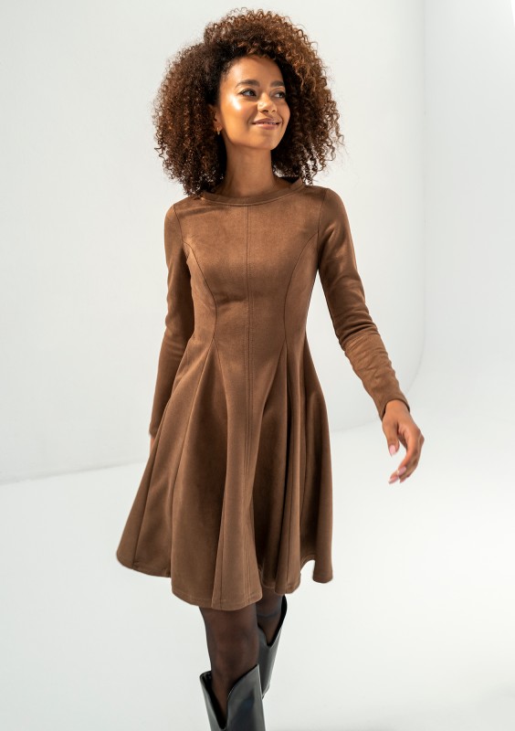 Kelle - Brown faux suede flared dress