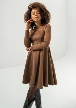 Kelle - Brown faux suede flared dress