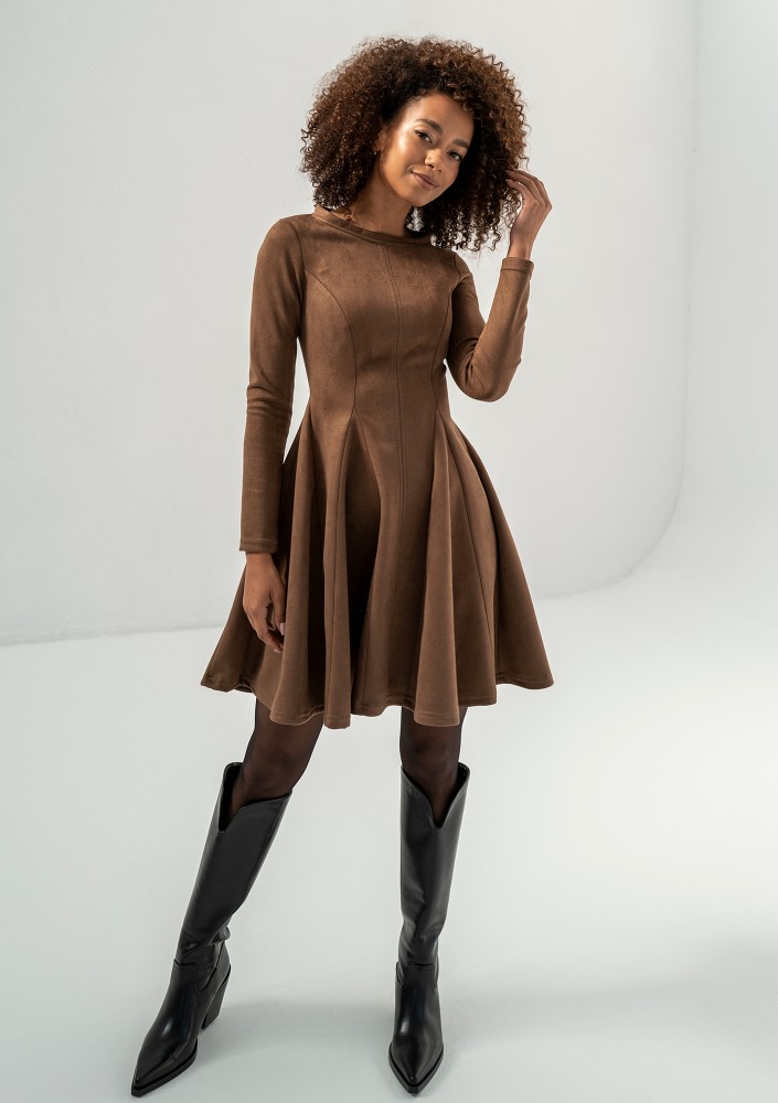 Kelle - Brown faux suede flared dress