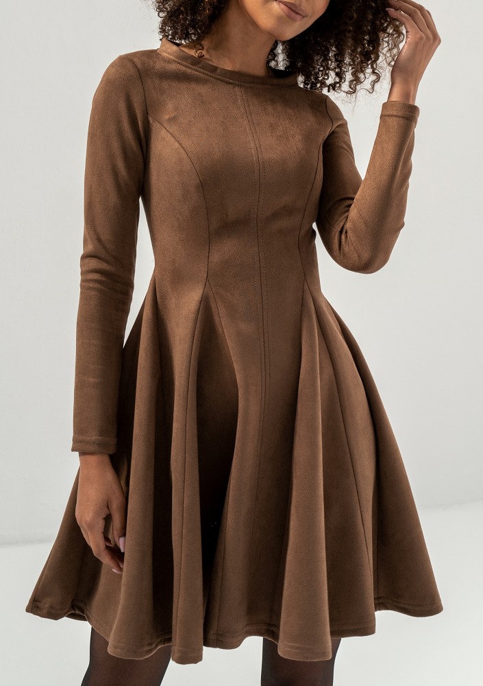 Kelle - Brown faux suede flared dress