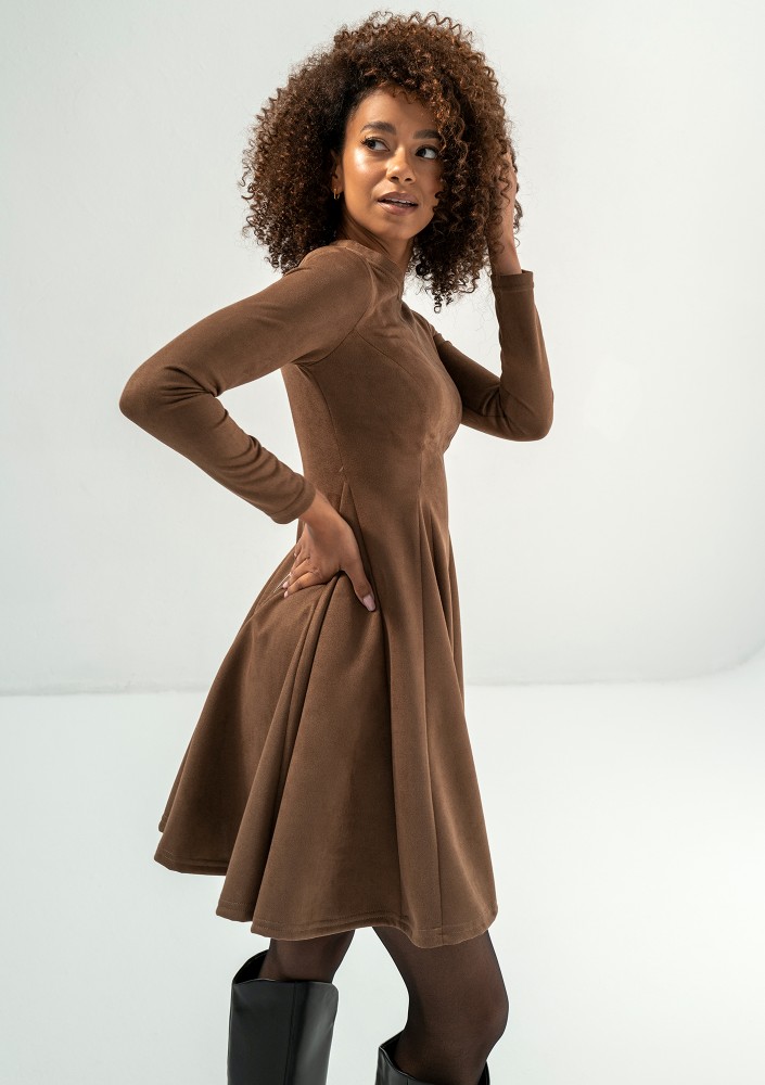 Kelle - Brown faux suede flared dress