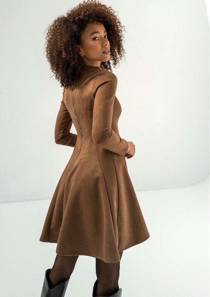 Kelle - Brown faux suede flared dress