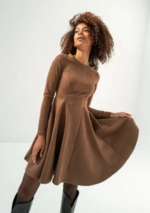Kelle - Brown faux suede flared dress
