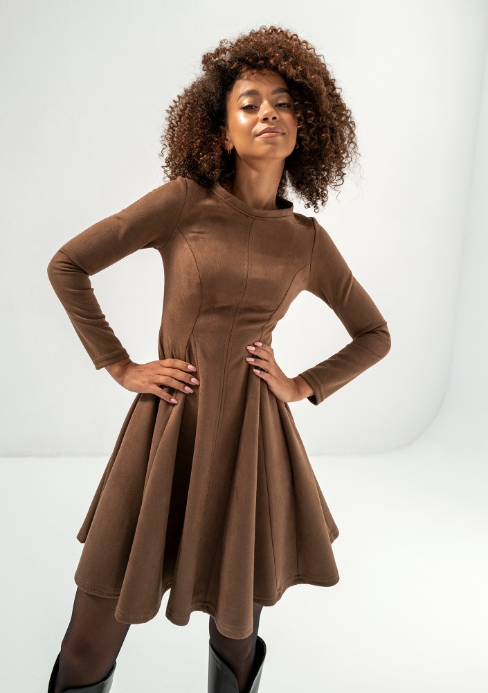Kelle - Brown faux suede flared dress