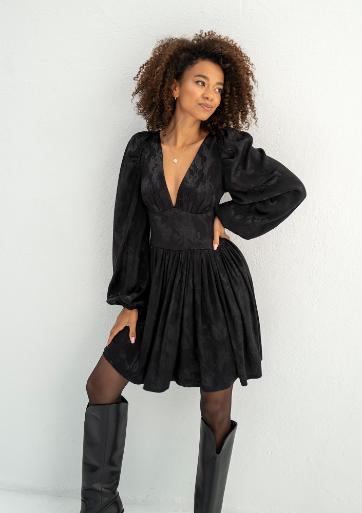 Jaya - Black shiny jacquard mini dress