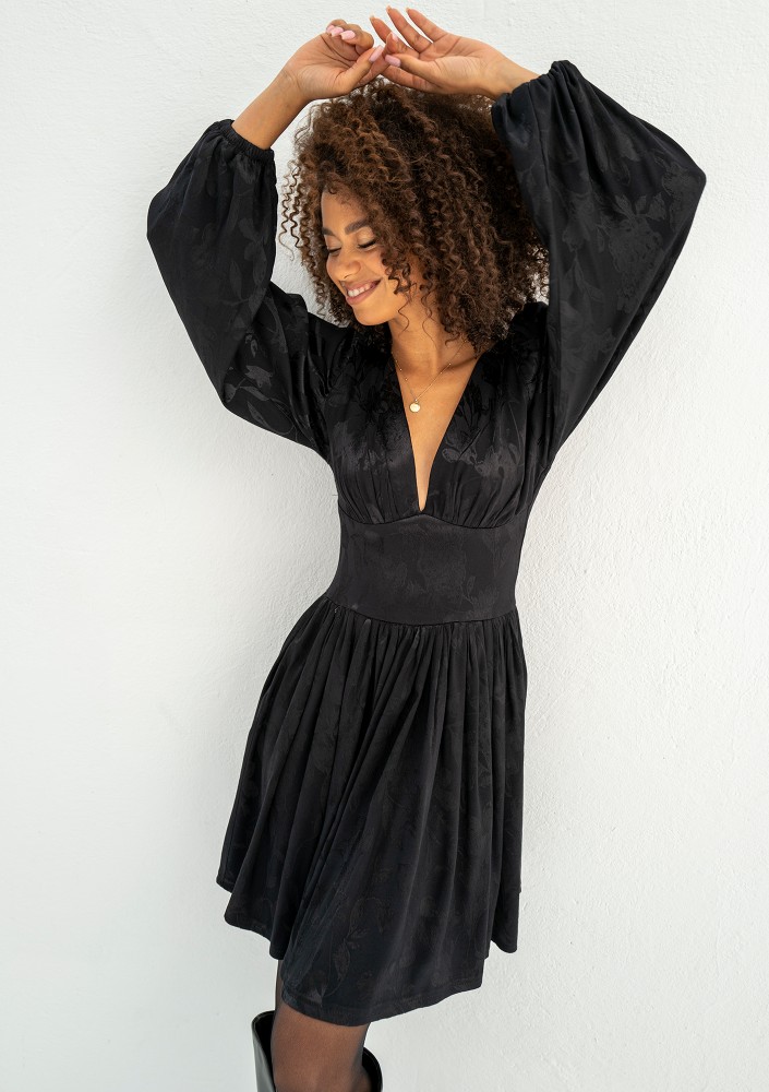 Jaya - Black shiny jacquard mini dress