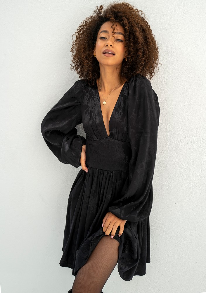 Jaya - Black shiny jacquard mini dress