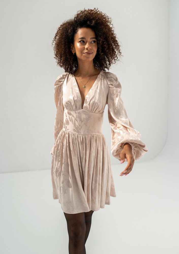 Jaya - Beige shiny jacquard mini dress