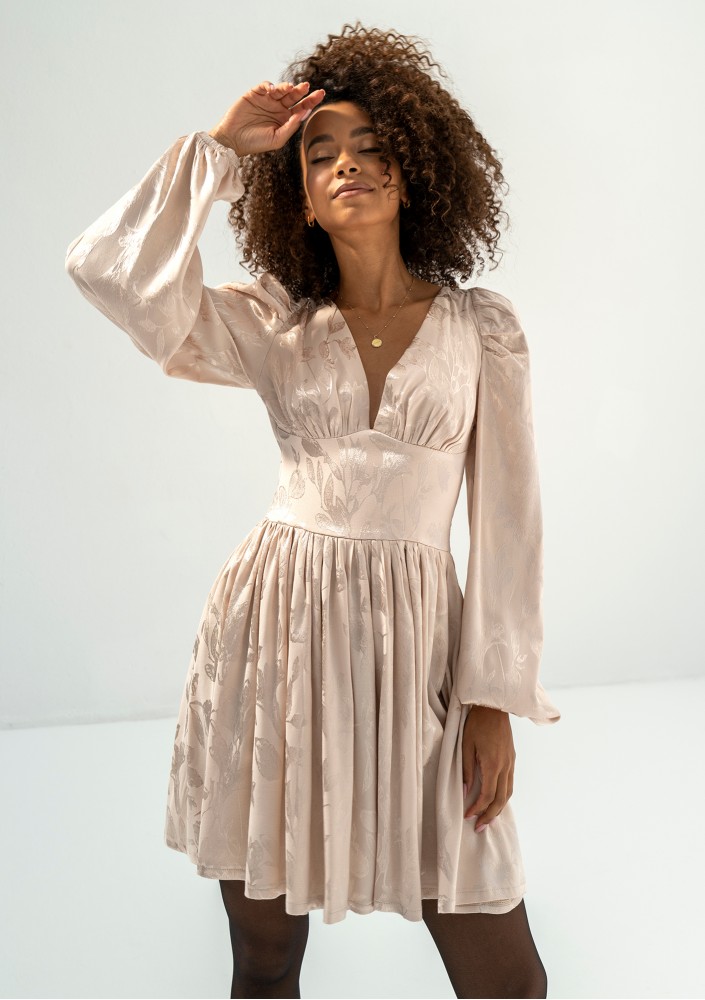 Jaya - Beige shiny jacquard mini dress