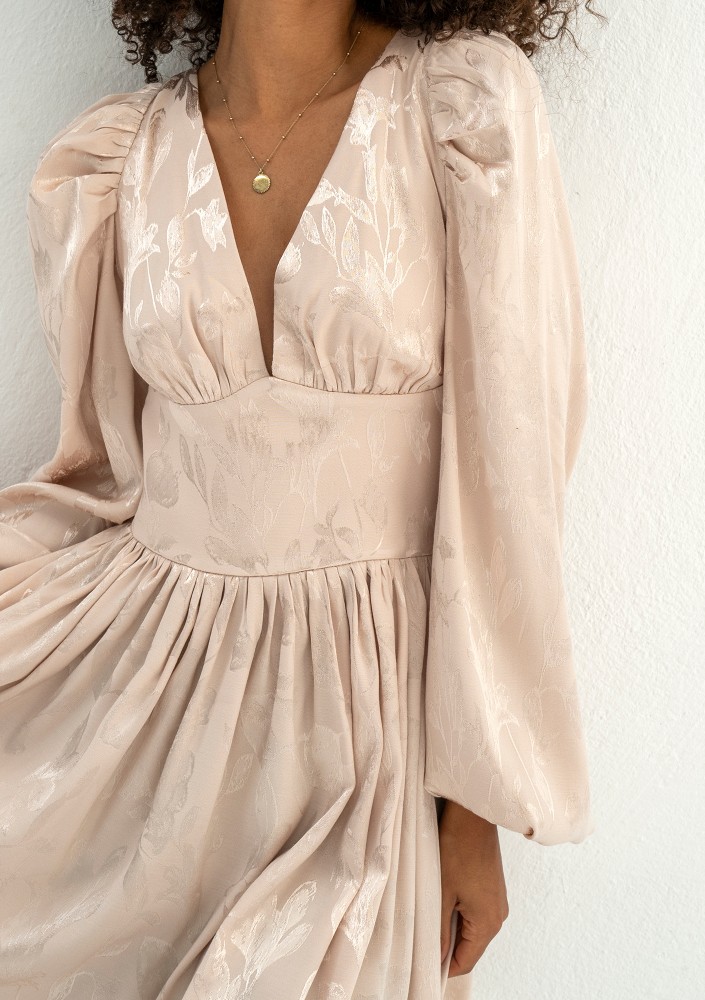 Jaya - Beige shiny jacquard mini dress