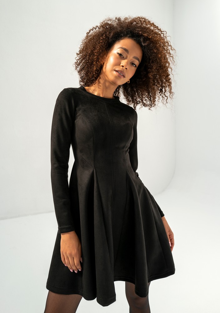 Kelle - Black faux suede flared dress