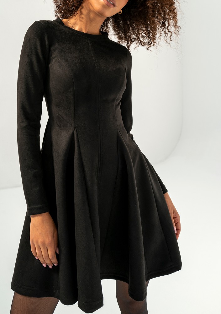 Kelle - Black faux suede flared dress