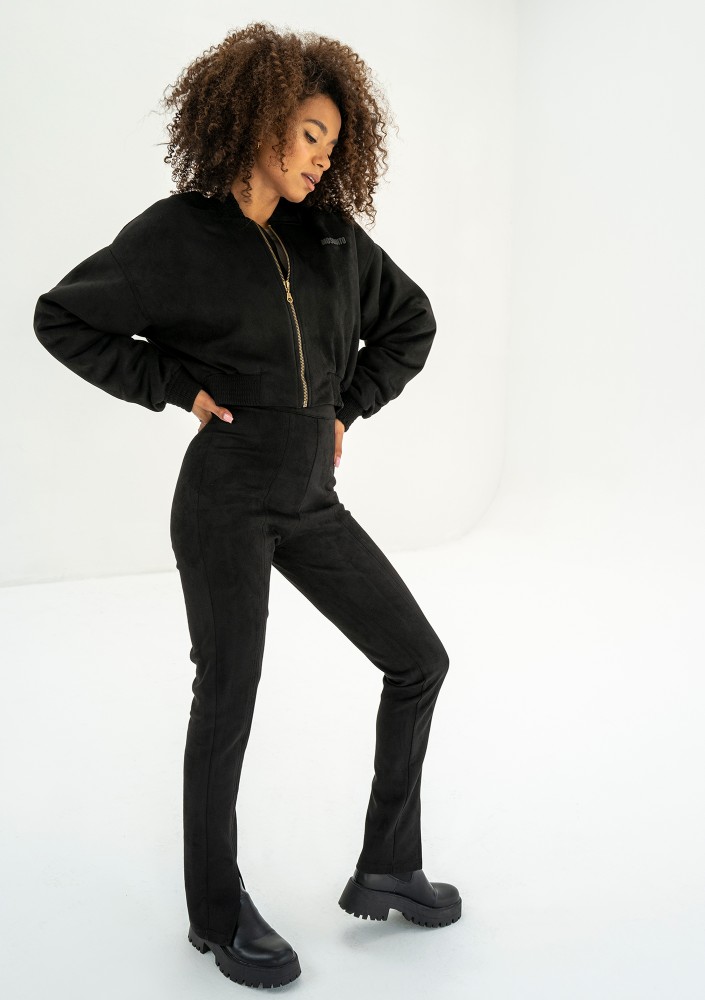 Ruby - Slim fit black faux suede trousers