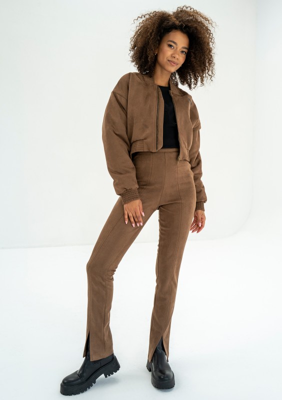 - Slim fit brown faux suede trousers