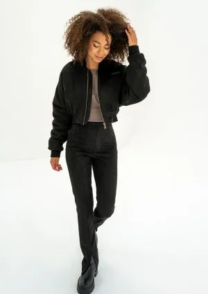 Ruby - Short full zipped black faux suede sweatshirt