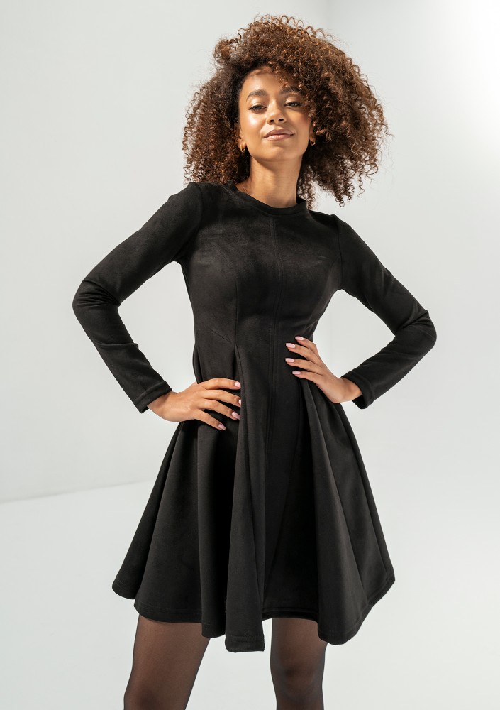 Kelle - Black faux suede flared dress