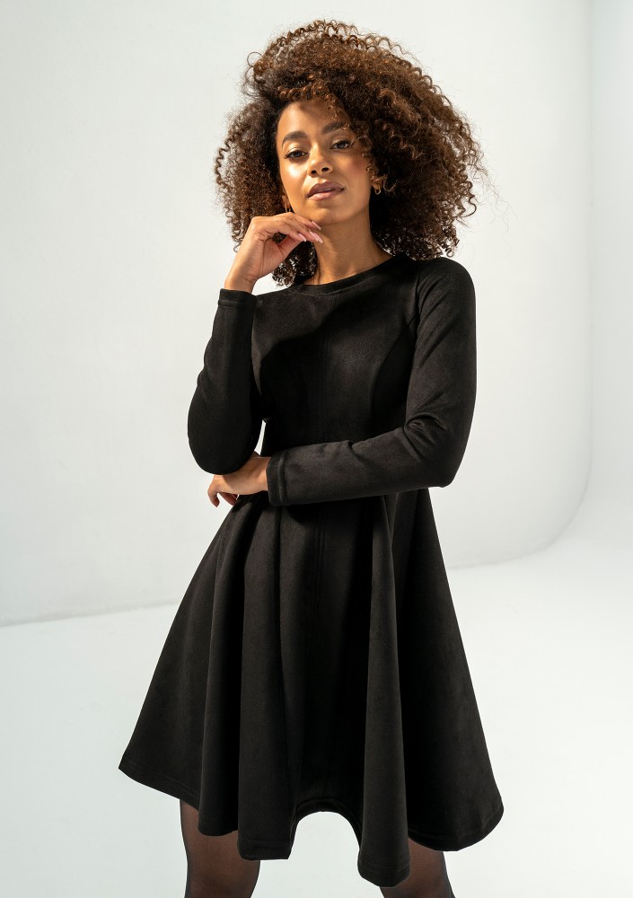Kelle - Black faux suede flared dress