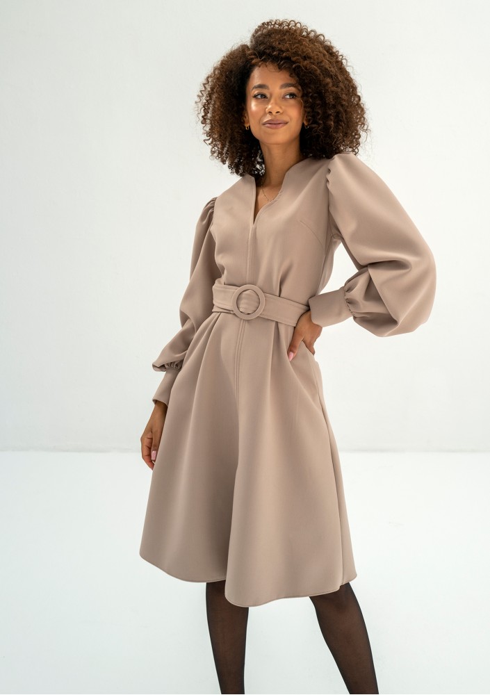 Larisa - Beige belted midi dress