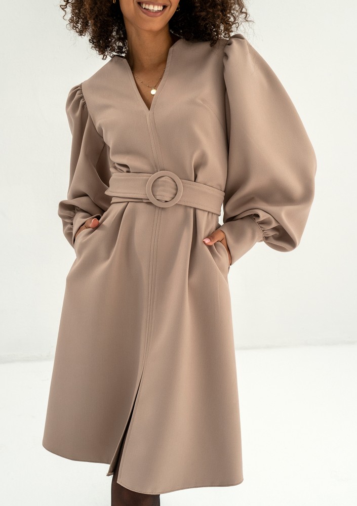 Larisa - Beige belted midi dress