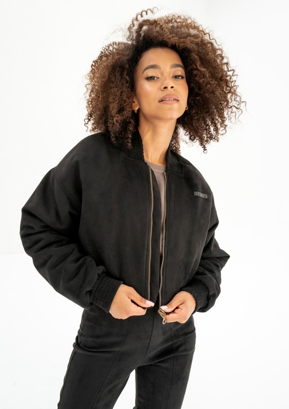 Ruby - Short full zipped black faux suede sweatshirt