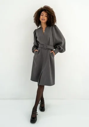 Larisa - Grey belted midi dress