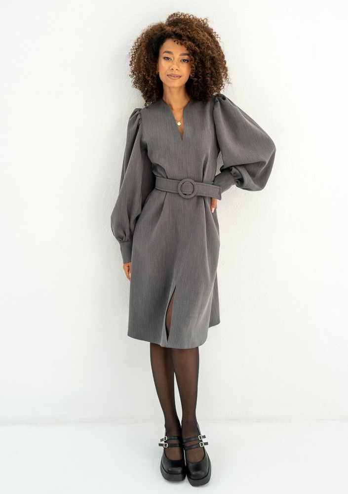 Larisa - Grey belted midi dress