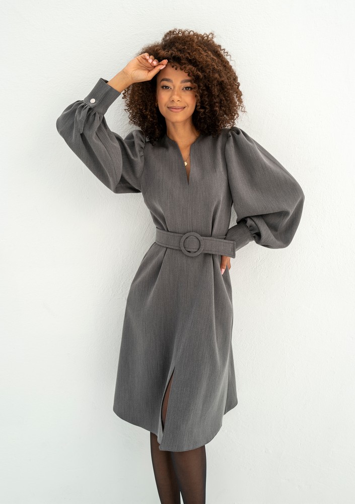 Larisa - Grey belted midi dress