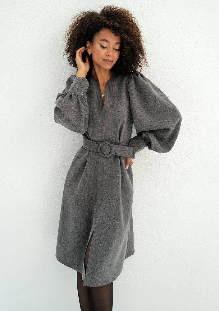 Larisa - Grey belted midi dress
