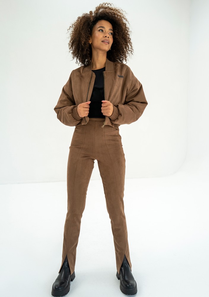 - Short full zipped brown faux suede sweatshirt